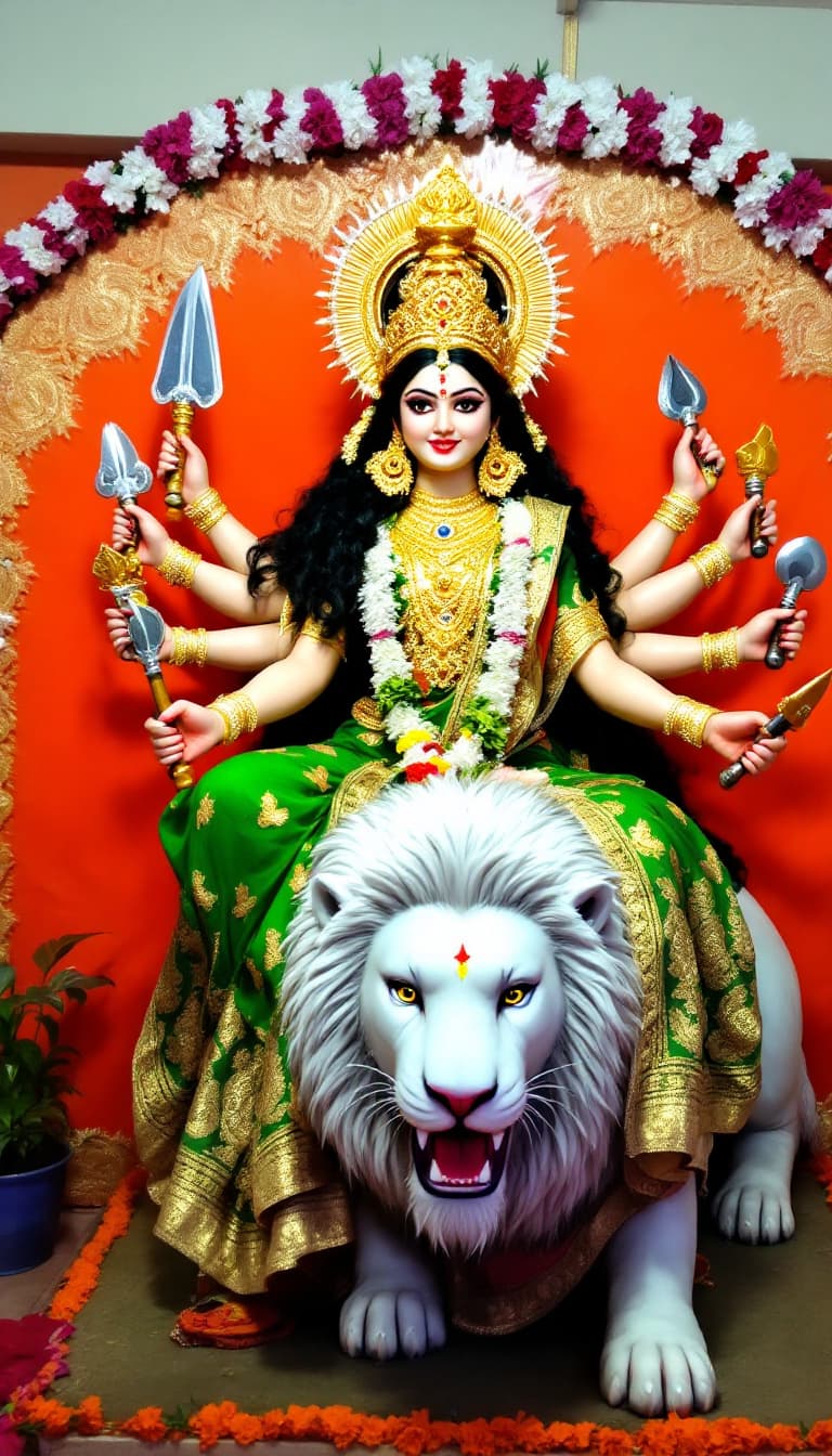 AI generated: "A divine and unique idol of Goddess Durga, intricately designed with a majestic golden crown, expre...