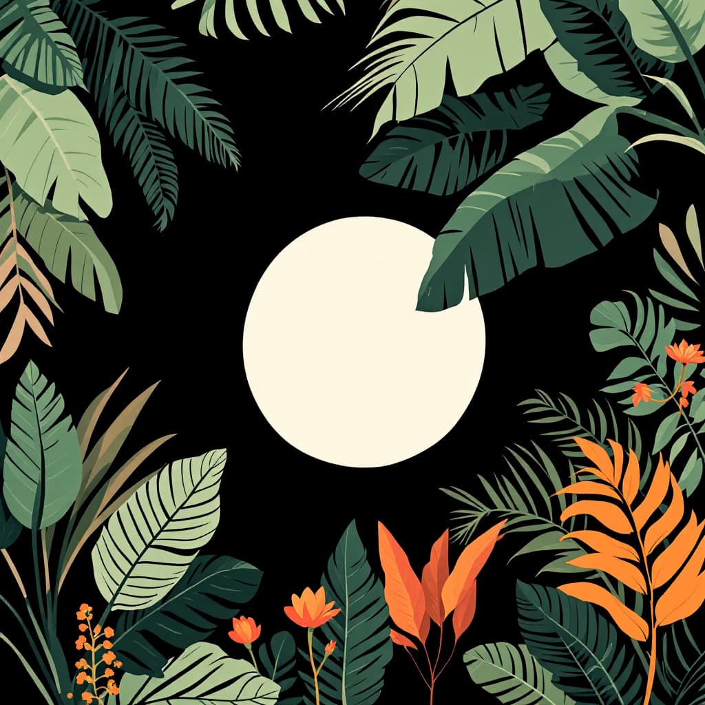 AI generated: graphic jungle scene illustration background for a 3x3 grid. in the center is a small white circle. ...
