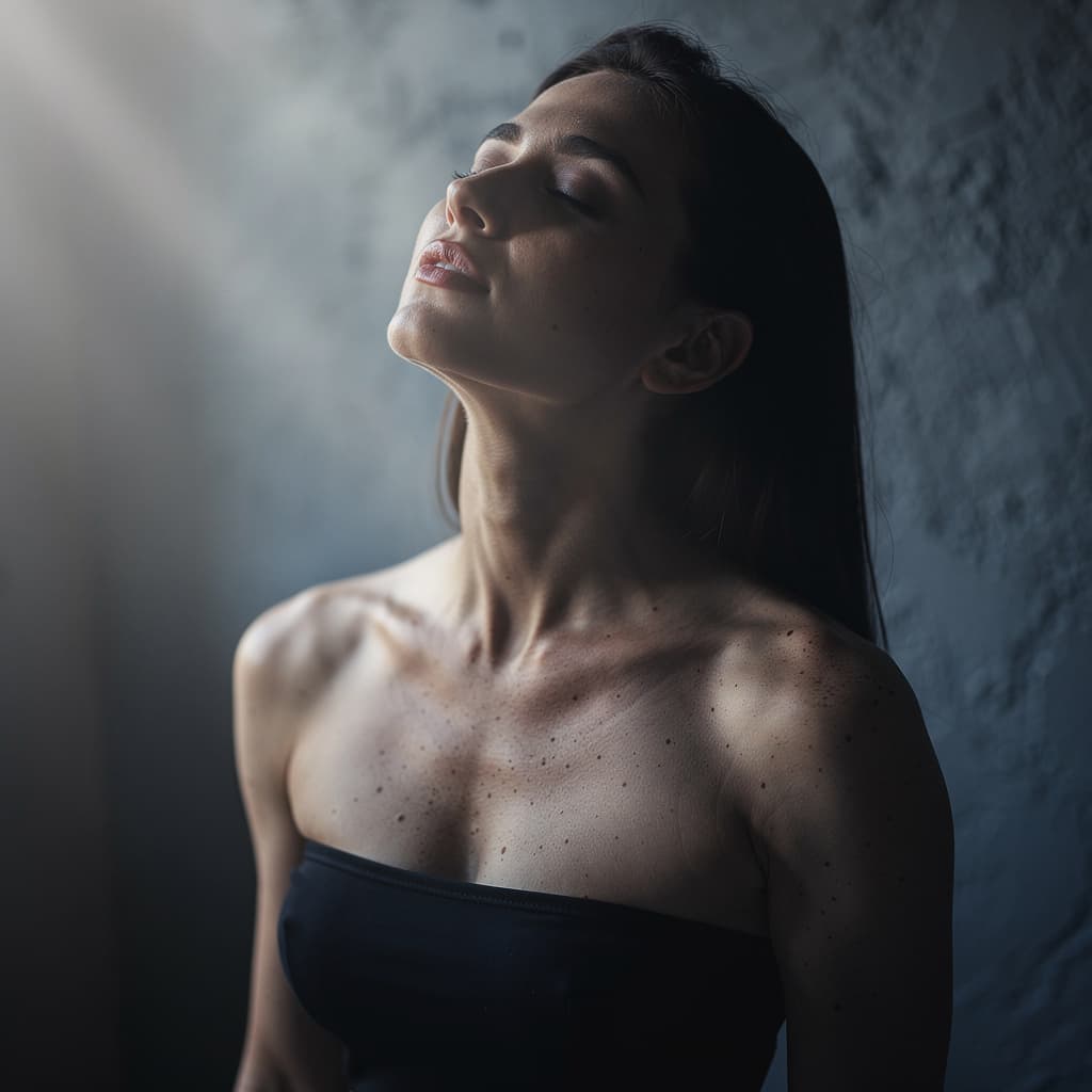 AI generated: cinematic image with dark shadows and high contrast, A high-angle extreme close-up portrait of a fit...