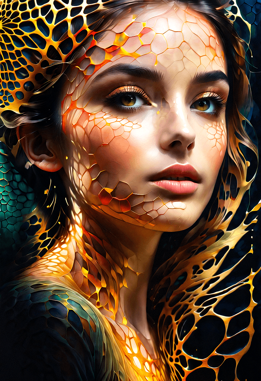 AI generated: n image of a beautiful woman face that is being overlaid by a close-up of a three-dimensional, organ...