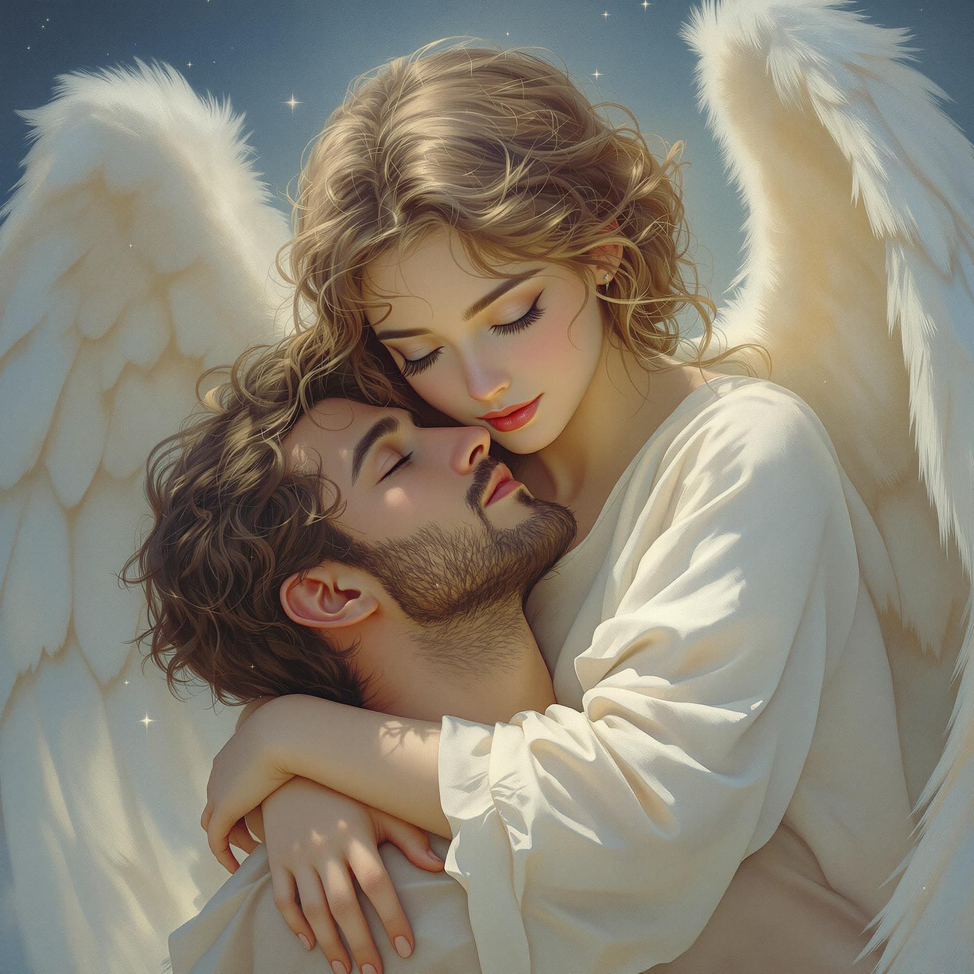 AI generated: photo realism celestial being: a gentle female angel with luminous sky-blue eyes, crimped brown hair...