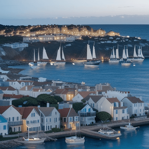 AI generated: A background of cliffs with houses and the lights on to send reflection to the water, a harbor that ...