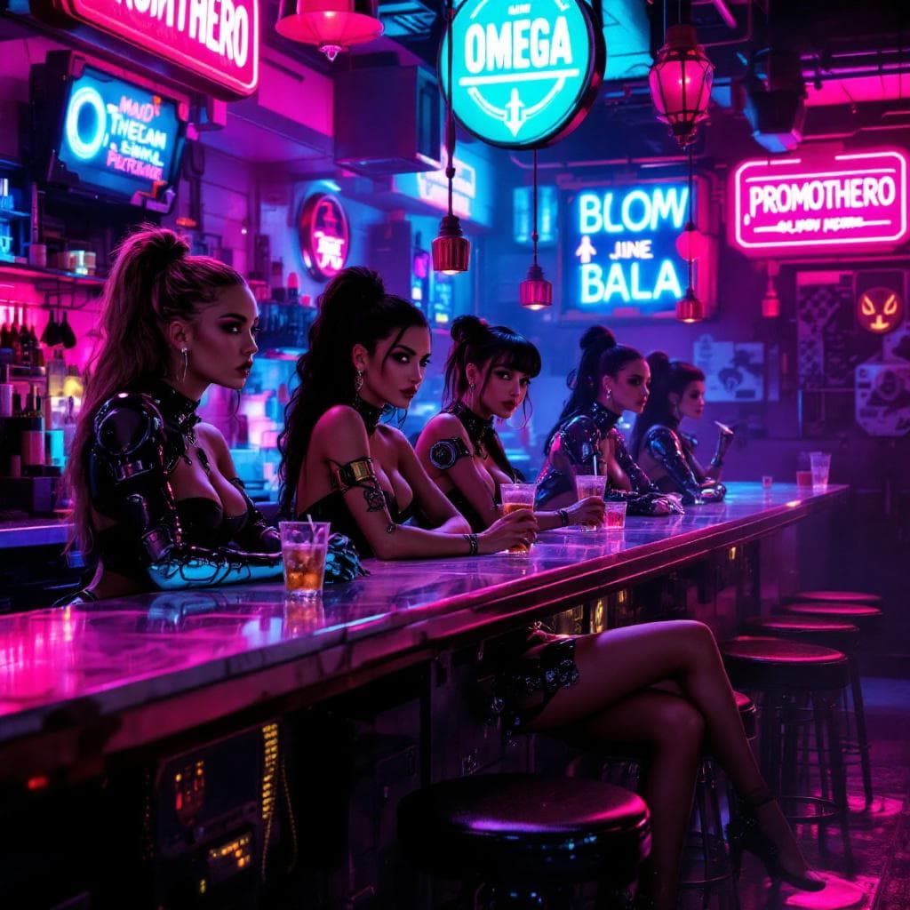 AI generated: Several beautiful women are sitting at the counter of a futuristic cyberpunk bar, wearing stylish cl...
