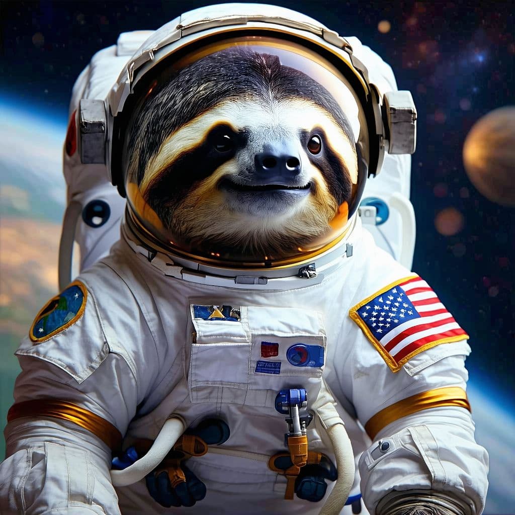 AI generated: realistic, ((Masterpiece, best quality) ), cute sloth in outer space in an astronaut suit with a Cos...