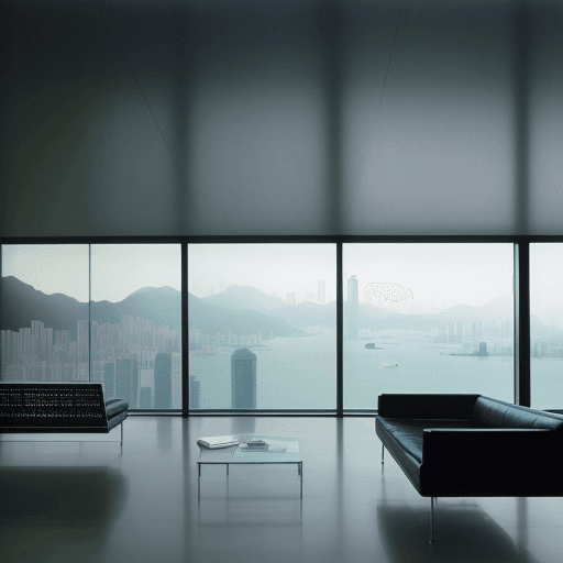 AI generated: photo of Hong Kong,the ocean, daylight, indirect lighting, AD magazine, Frank Lloyd, Eames, Mies van...