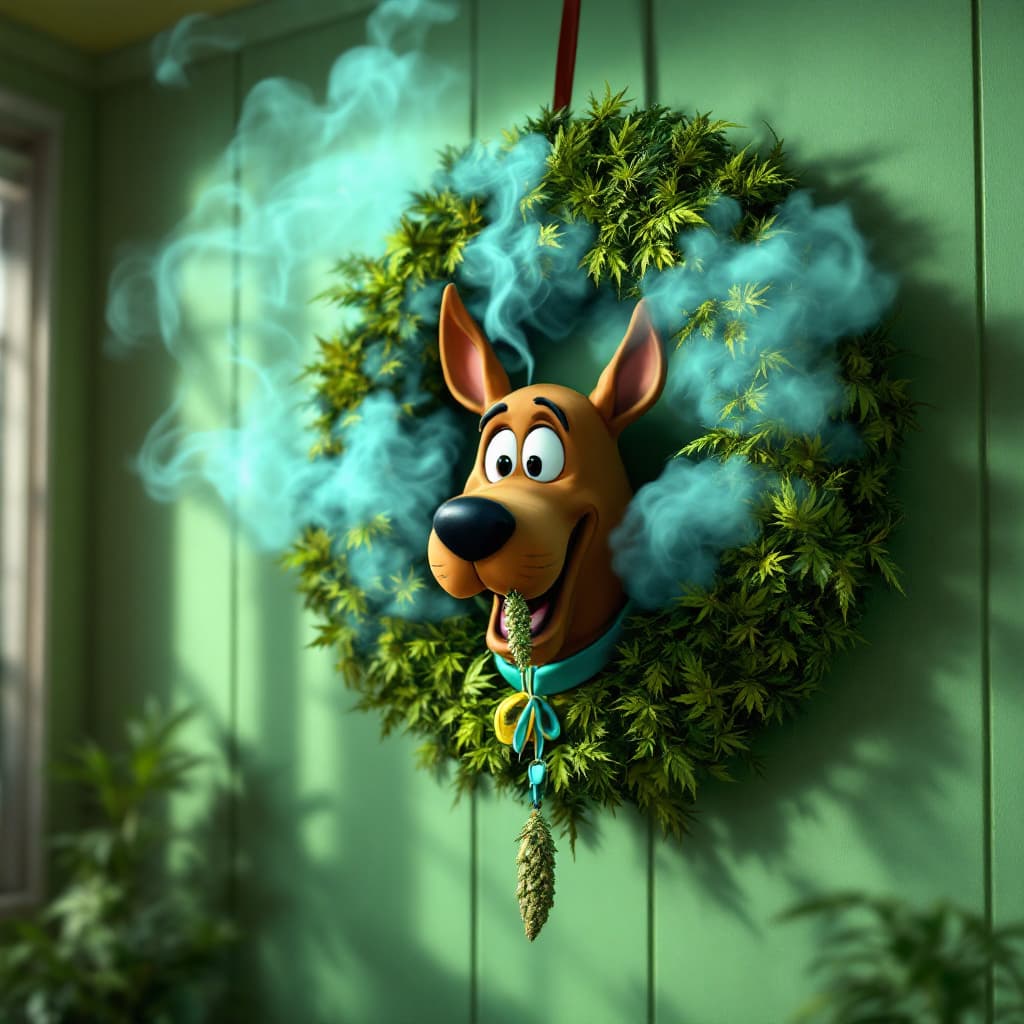 AI generated: A 3D, pixar style animated photo of a wreath hanging on a 1960s styled loving room wall. The wreath ...