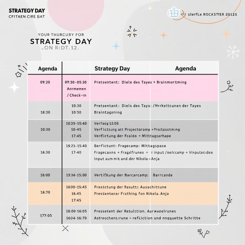AI generated: A visually appealing agenda for a strategy day, formatted as a large, vertical table on a clean and ...