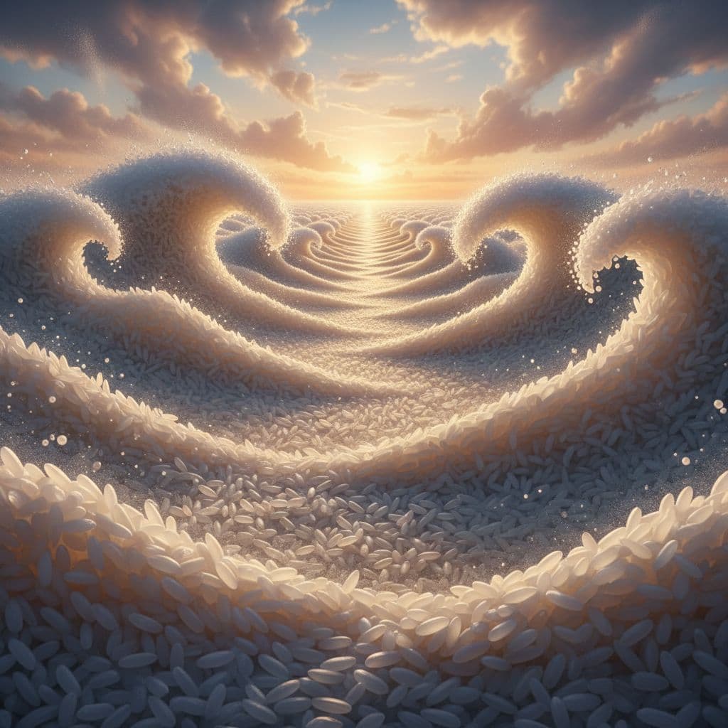 AI generated: "Rice grains as ocean waves, hyper-realistic, cinematic lighting, photorealistic grain texture"