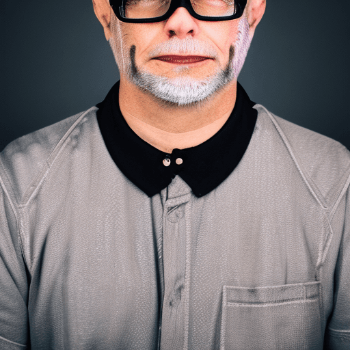 AI generated: photograph, front view, robot, man, shaved hair and neat beard with horn-rimmed glasses, standing on...