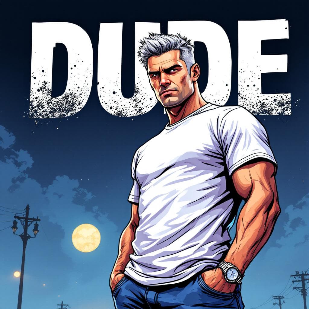 AI generated: Cartoon illustration, comic book cover featuring a handsome Caucasian man with burst-taper grey hair...