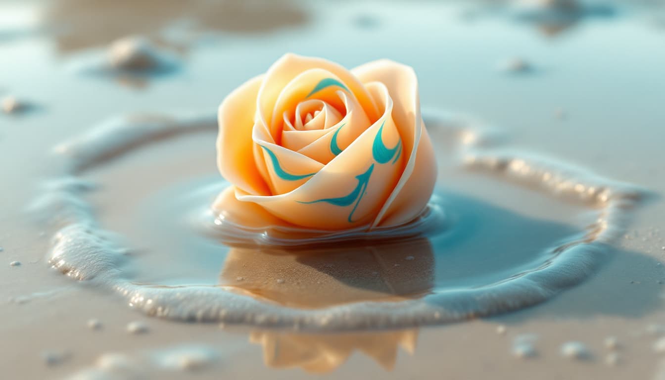 AI generated:  a close view of a delicate sea shell in 3d, shaped like a rose, resting on the beach surrounded by ...