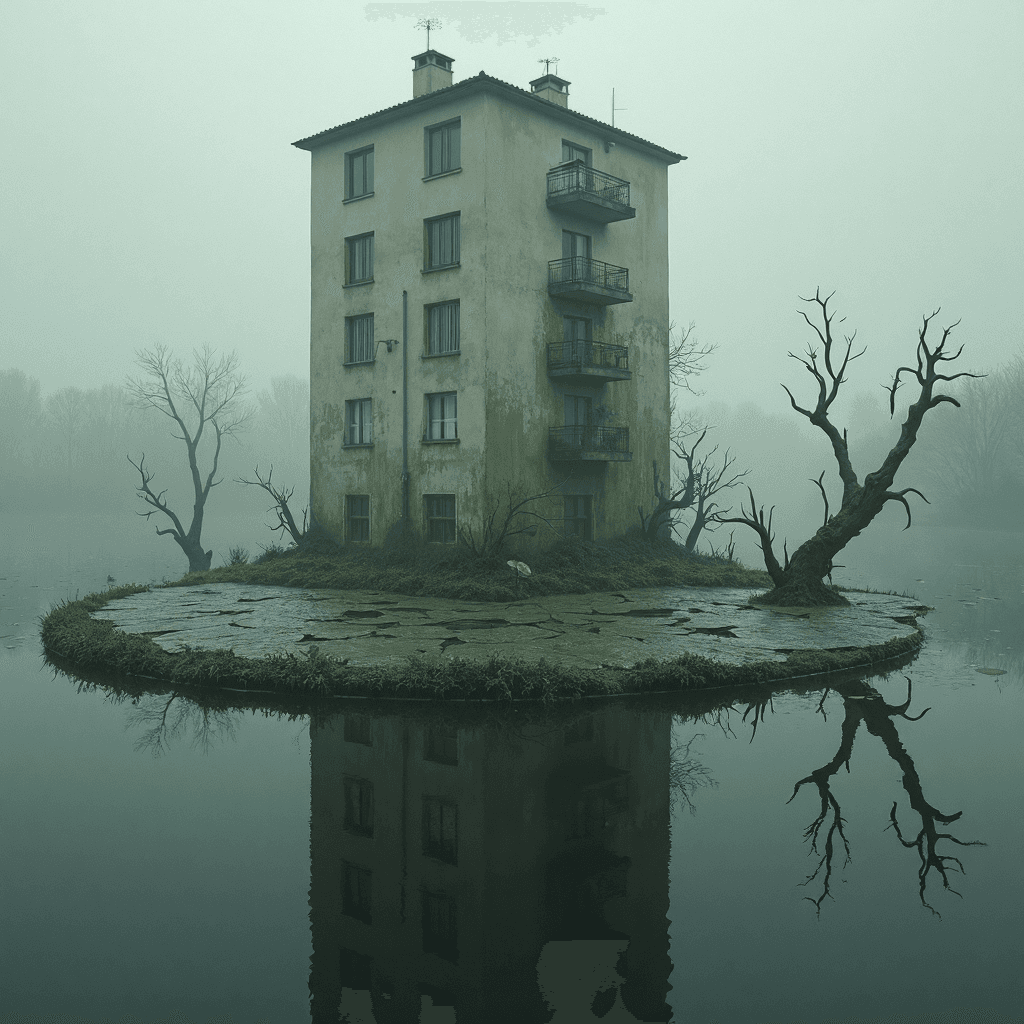 AI generated: A grey, concrete Eastern European apartment block, typically seen in urban settings, precariously st...