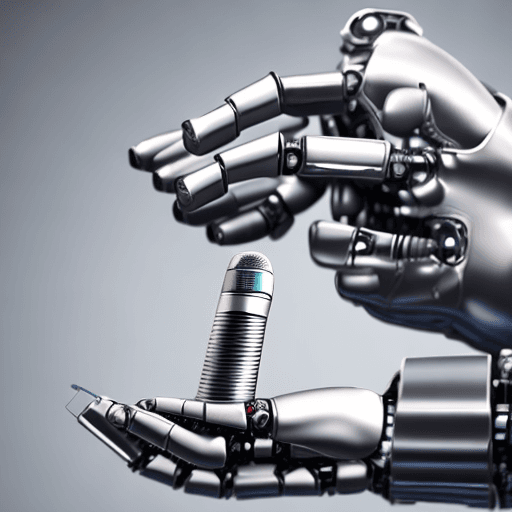 AI generated: The robots hand is given a futuristic microphone by the human hand new technologies
