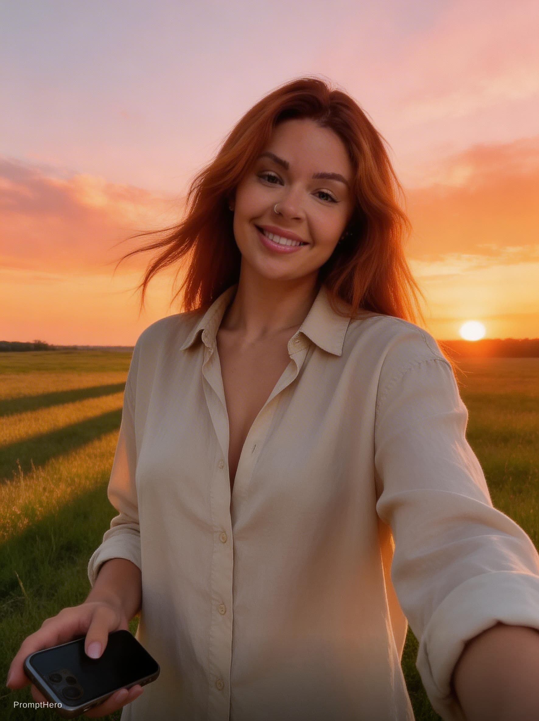 AI generated: At sunset, she stands still in open land. Her shirt hangs loosely, a few buttons undone, catching wa...