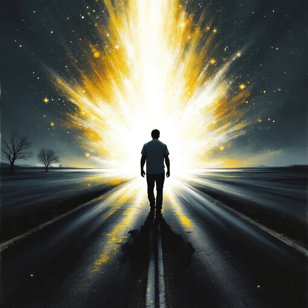 AI generated: Artistic illustration of a cold, desolate  
country road at night,  a lone figure (man) wearing only...