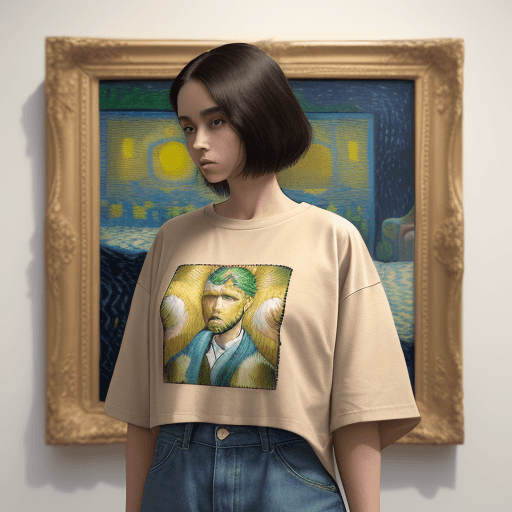 AI generated: In the visual representation, a woman stands against a neutral beige backdrop, the portrait in her b...