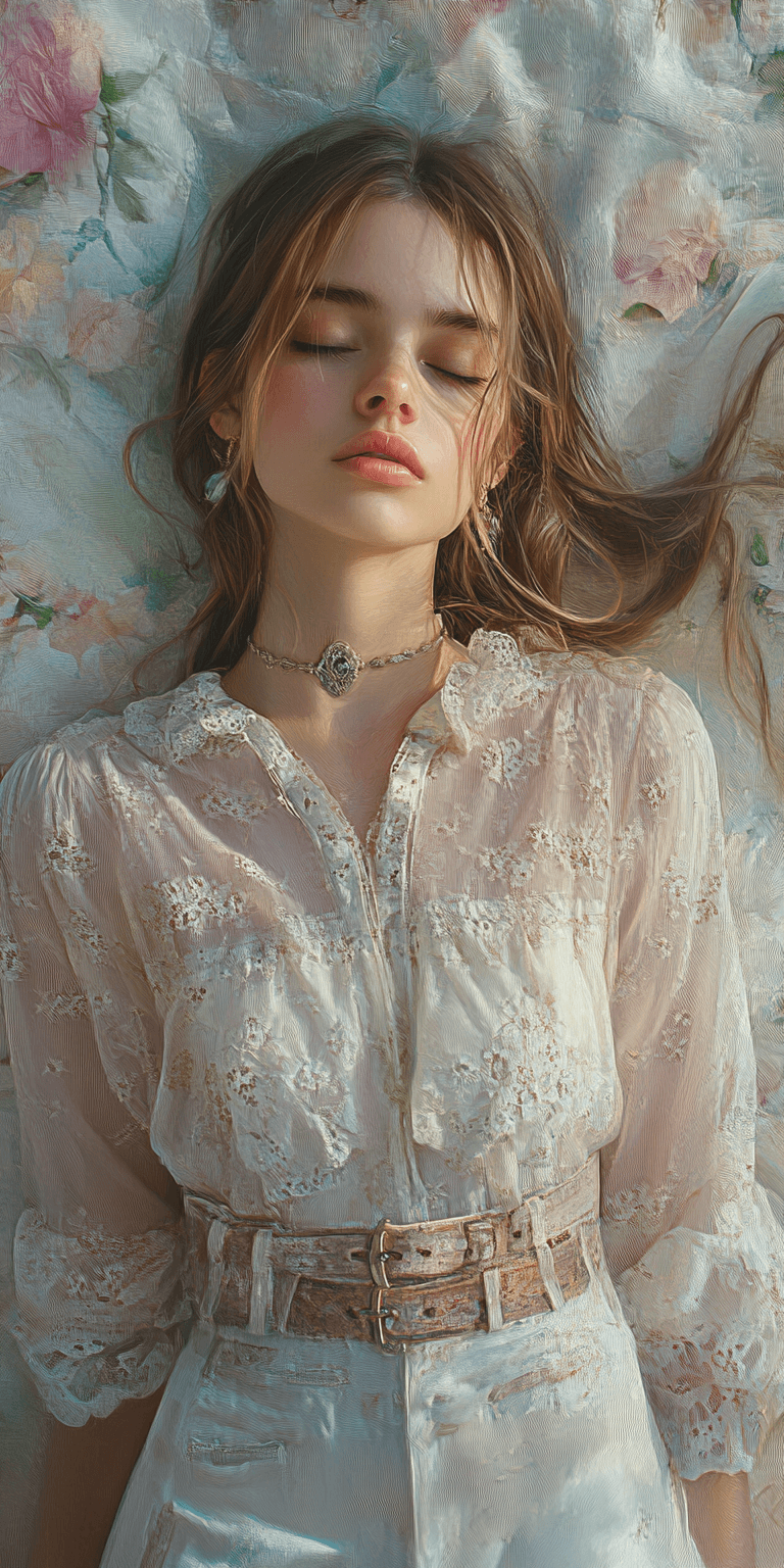 AI generated: A young Caucasian woman, appearing to be in her early twenties, lies peacefully on a floral patterne...