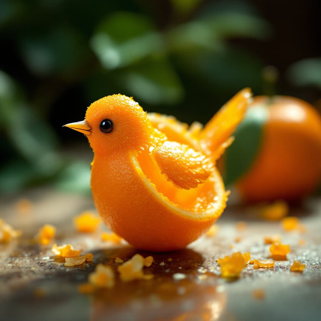 AI generated: a little bird made of a fresh orange that has been cut open, photo-realistic techniques --ar 2:3 --s...