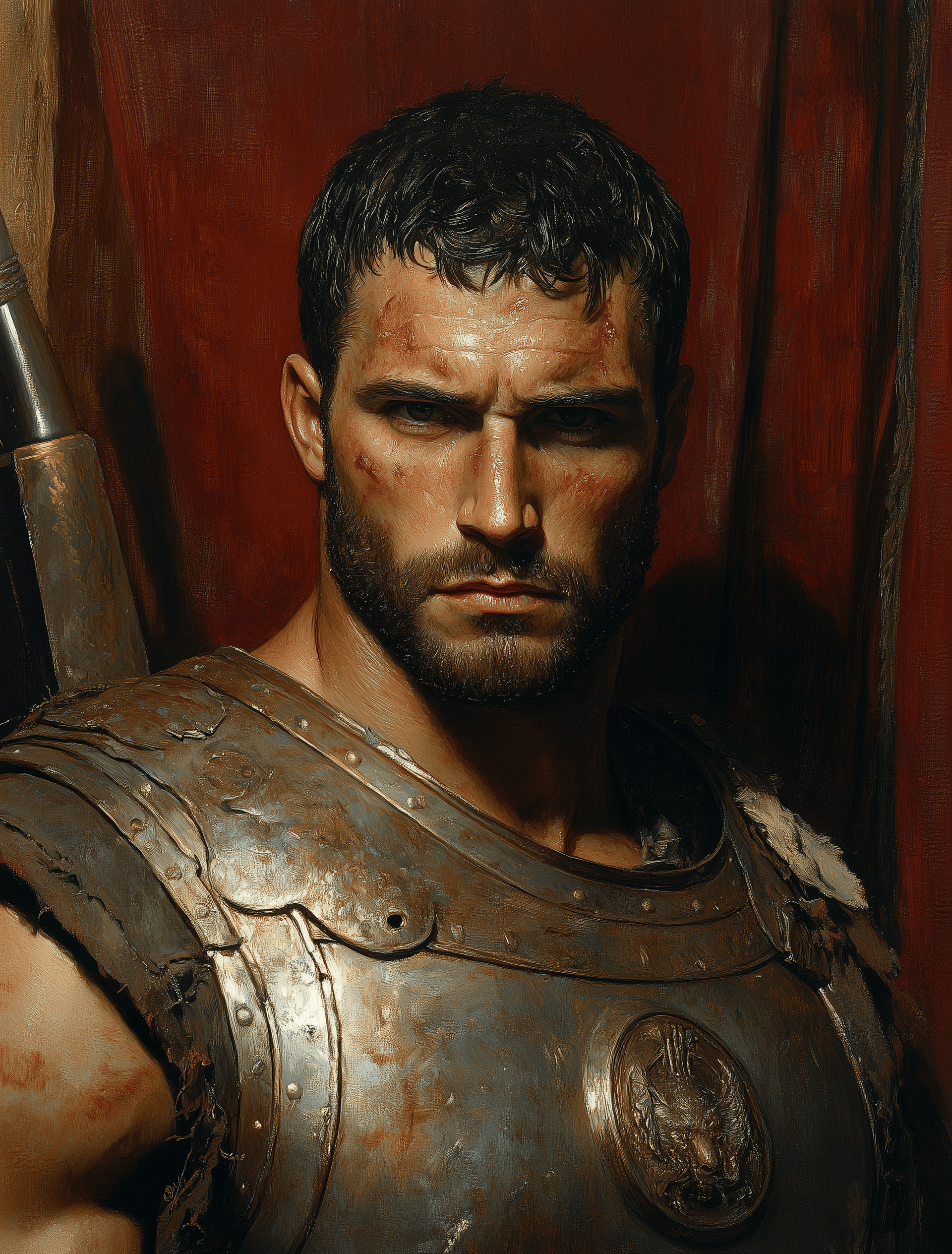 AI generated: Oil painting of a Greek warrior in armor, with a helmet and sword, in the style of Rembrandt. He has...