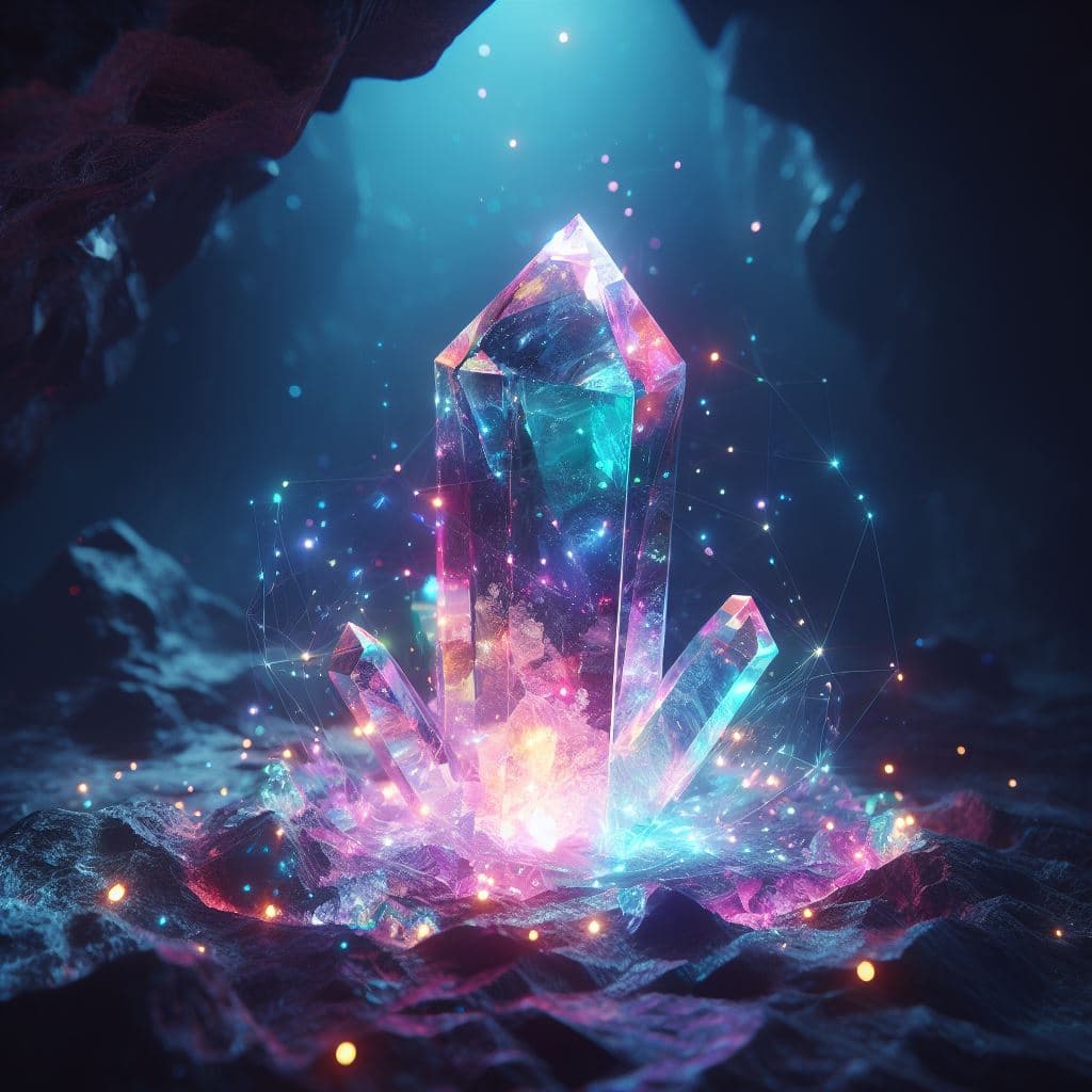 AI generated: A colorful glowing crystal on a cave,volumetrric lighting,f:1.2,4k