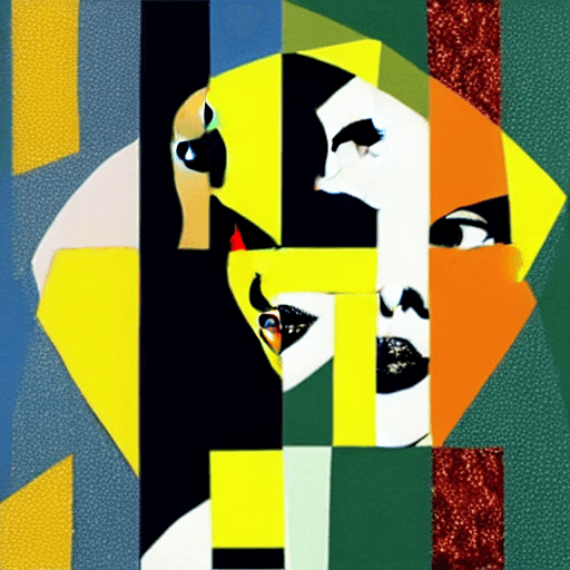 AI generated: face of Angelina Jolie cut into four squares meaning for seasons; green spring, blue hot summer, yel...