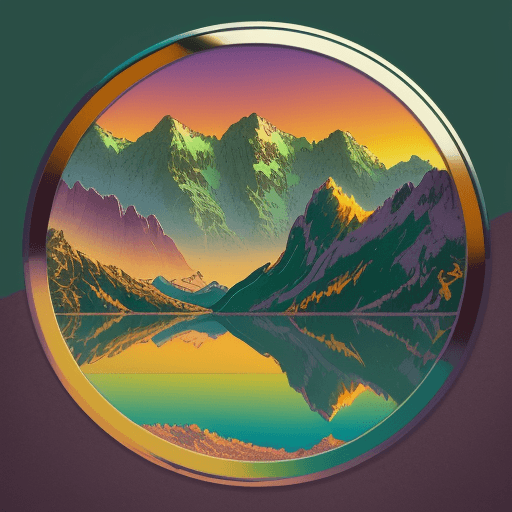 AI generated: 80s chrome and steel Retro Sunset, Mountain Lake scene, green, gold, illustration, inspired by James...