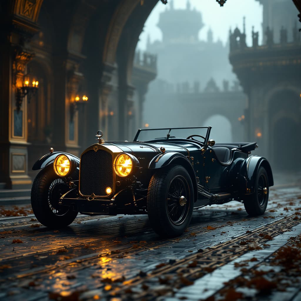 AI generated: General outline of a latest model 2024 Austin Martin convertible in steampunk style,  with glowing h...