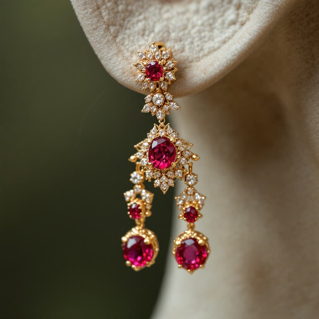 AI generated: gold earings with diamonds and rubies on it
