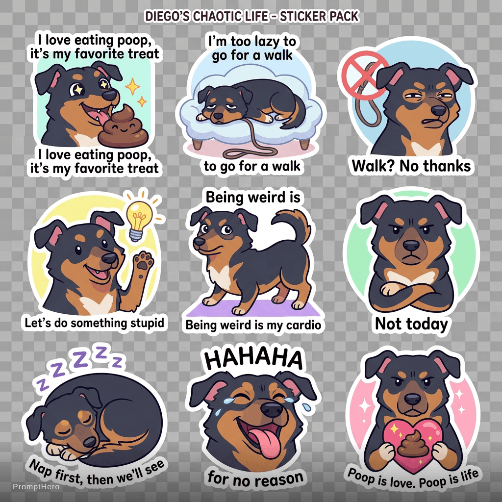 AI generated: A funny sticker pack featuring a dog named Diego. Cute, silly, slightly chaotic personality. Big exp...