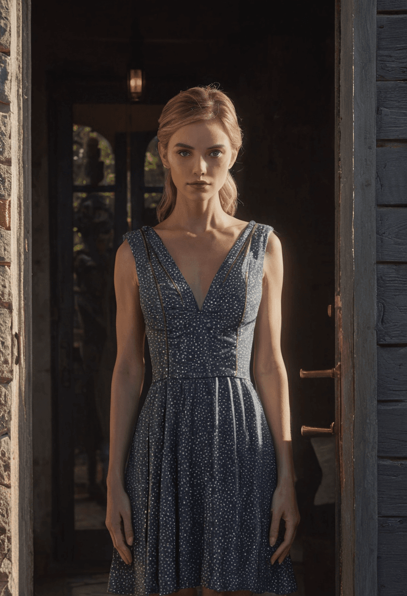 AI generated: Advertising poster style wearing a dress,standing in doorway,perfect face,beautiful face,lots of fin...