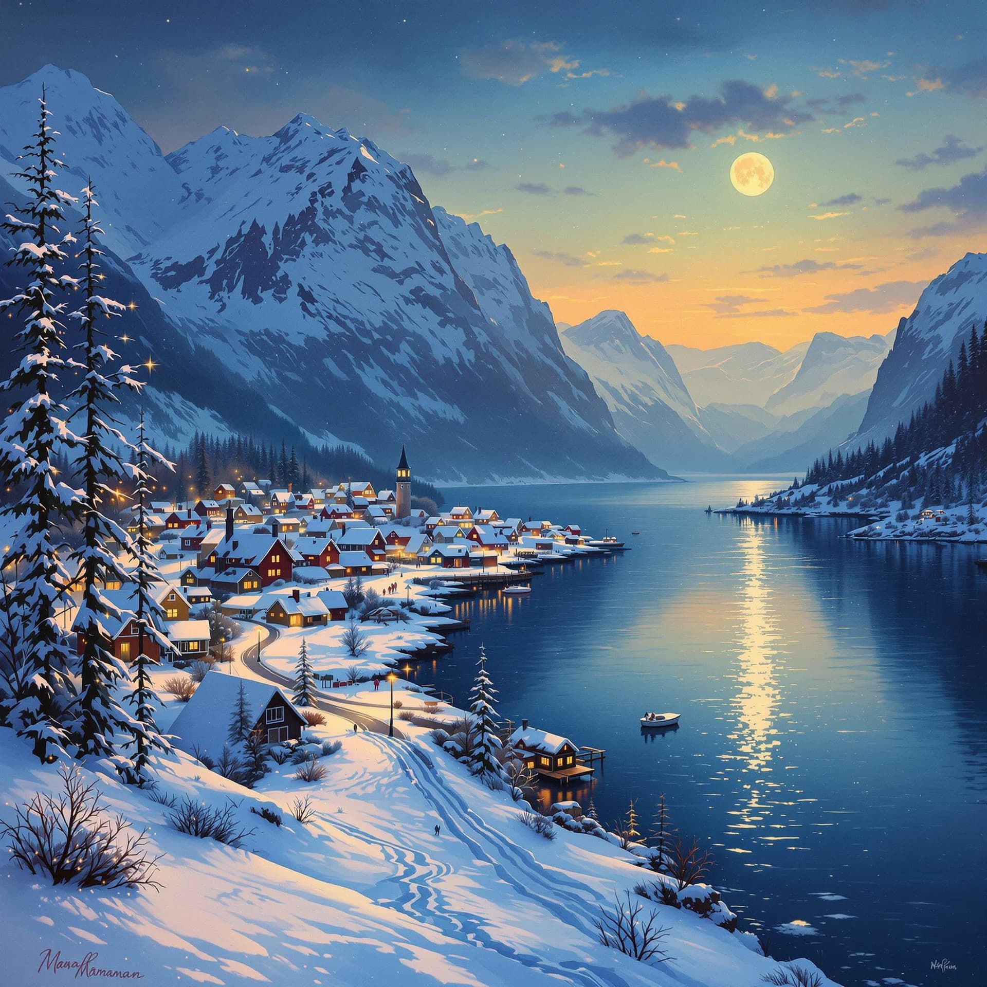 AI generated: Paysage et village norvégiens, saison de Noël, peinture d’art numérique créative, avec de beaux déta...