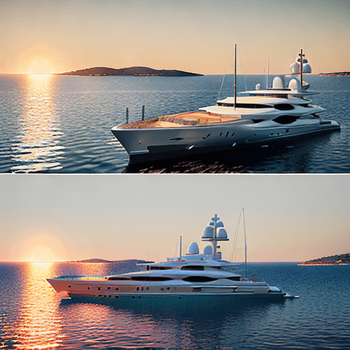AI generated: 2 two white supersized yachts in St. Tropez sunrise, One yacht has painted title: WORK HARD, another...