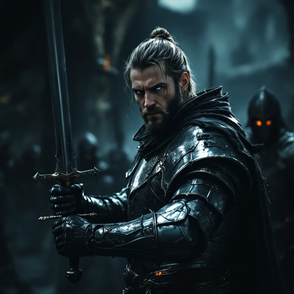 AI generated: A brave sword man defending a castle in the dark holding his sword in a defensive stance with a dram...