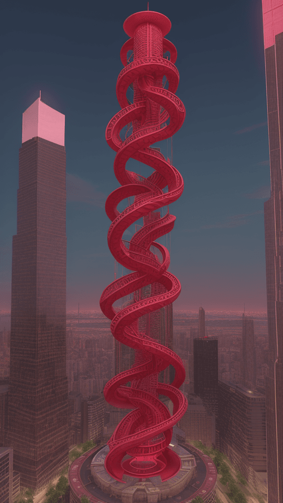 AI generated: Craft a captivating image of a single 3d complex 36 stories high snake Sky Tower of Health in ruby r...