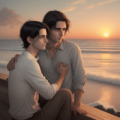 AI generated: two men, boys love, watching sunset in the seaside, couple,  Storybook illustration, has dark, tousl...