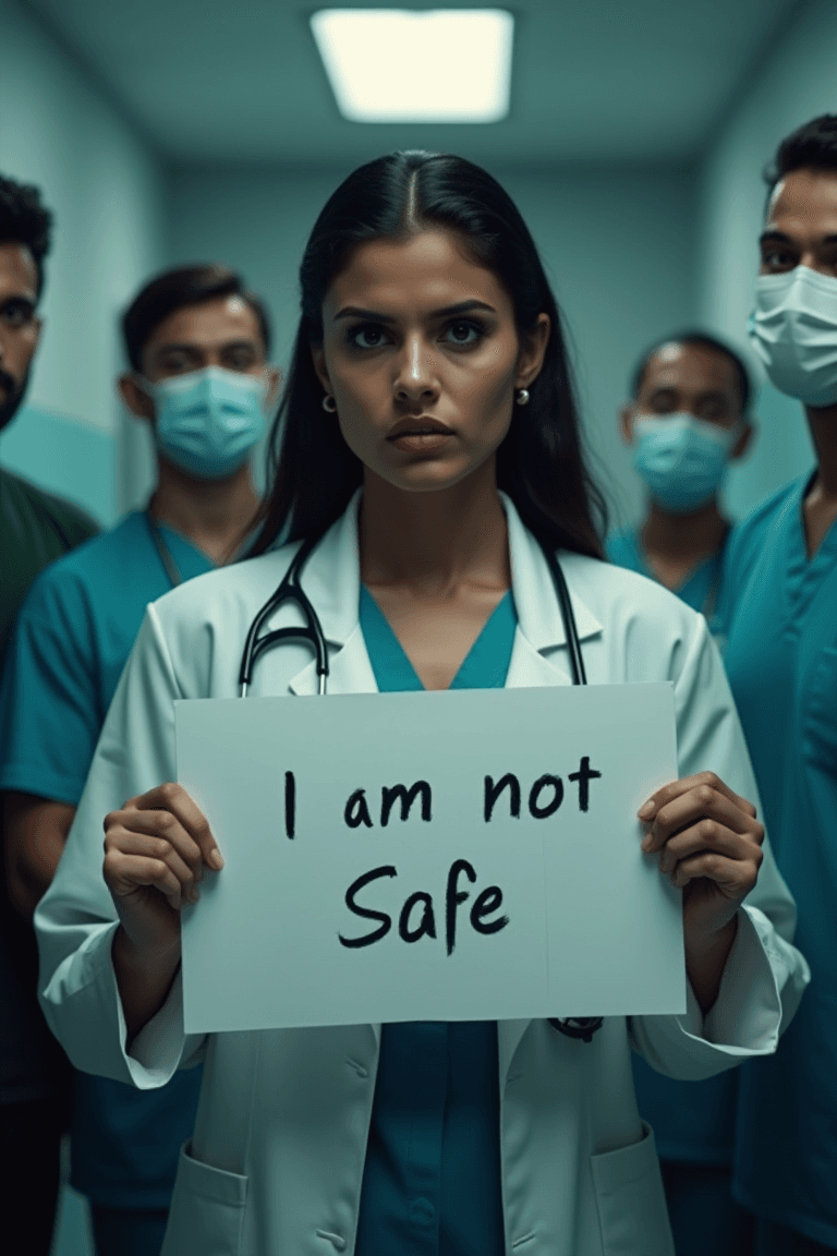 AI generated: A captivating photo of C cup size indian lady doctor with standing fiercely holding a sign that read...