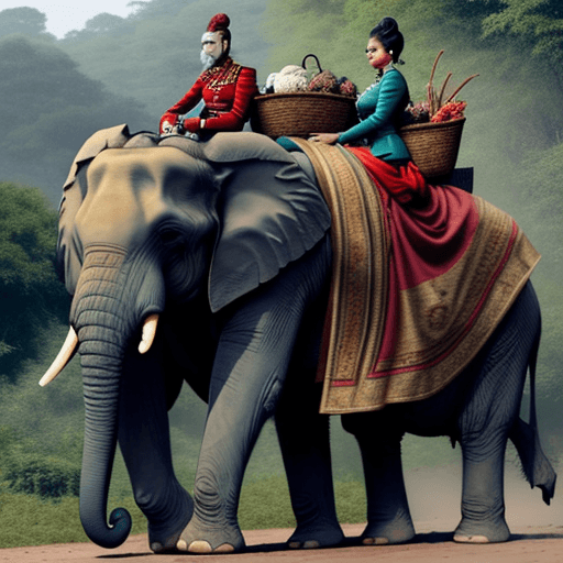 AI generated: An elephant, with its Hindu guide mounted on its neck, moves through the jungle in India. On the ele...