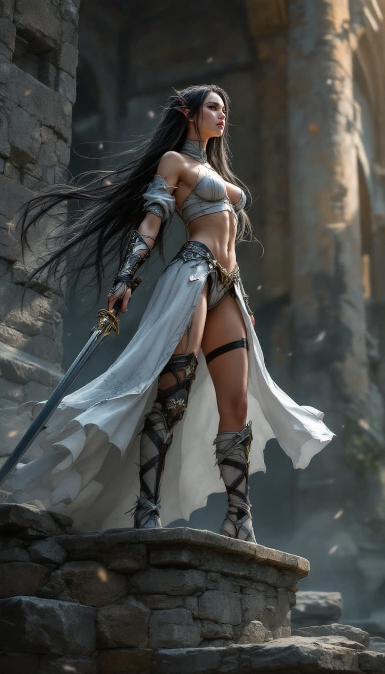 AI generated: a woman in a cosplay outfit standing on a stone platform with long hair and a sword in her hand, Ale...