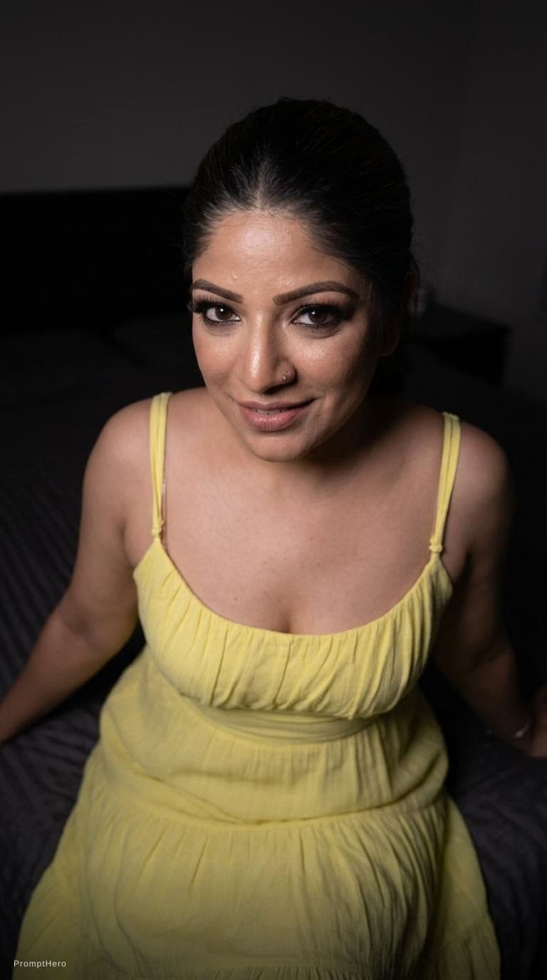 AI generated: looking at me. Sitting on a bed at night(no lights), wearing same (cleavage) dress, teasing, keep or...