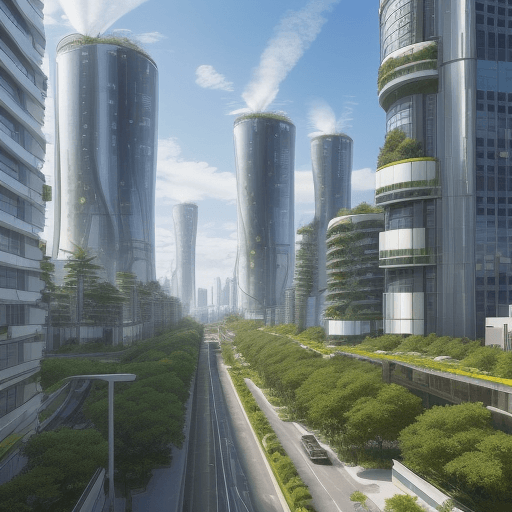 AI generated: The future city combines technology and nature. The exterior walls of high-rise buildings are covere...