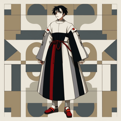 AI generated: bauhaus style pattern, big clothes, cool anime style, character, village center, medieval 