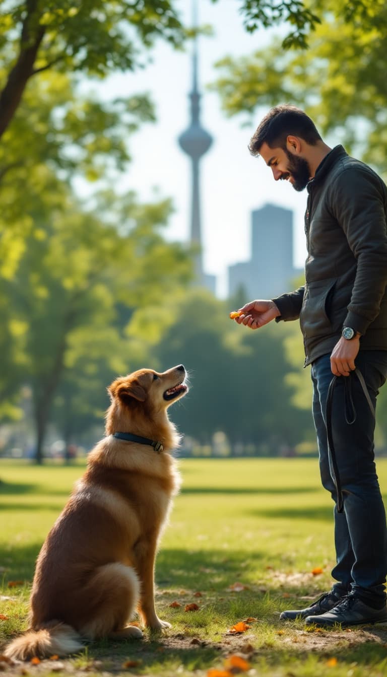 AI generated: A man is training his dog in a park in Tehran. He holds a small treat in his hand, using it to guide...