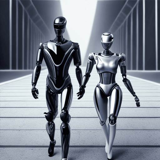 AI generated: hyper realistic robot black and white metalic color body , in future time walking with handsome huma...