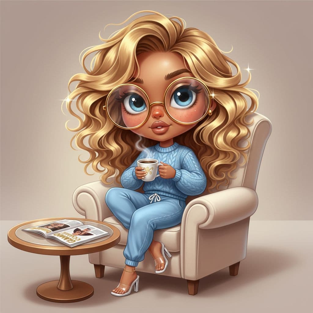 AI generated: European appearance realistic 18k airbrush chibi illustration of a beautiful glamorous quirky cartoo...