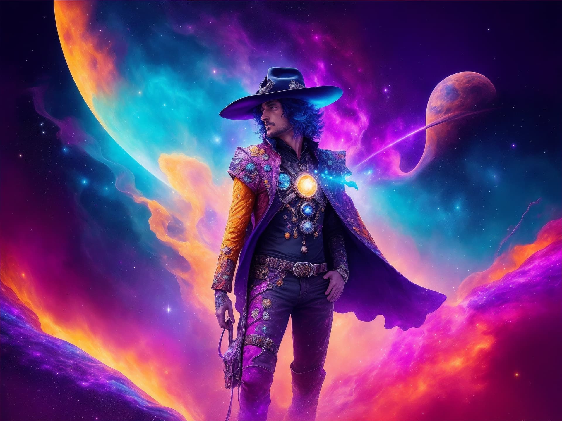 AI generated: A space cowboy with a cowboy hat, emerging from a nebula, set in a surreal, dark universe, vibrant c...