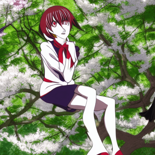AI generated: Kuchiki Rukia from anime Bleach, sitting, chilling, near sakura tree