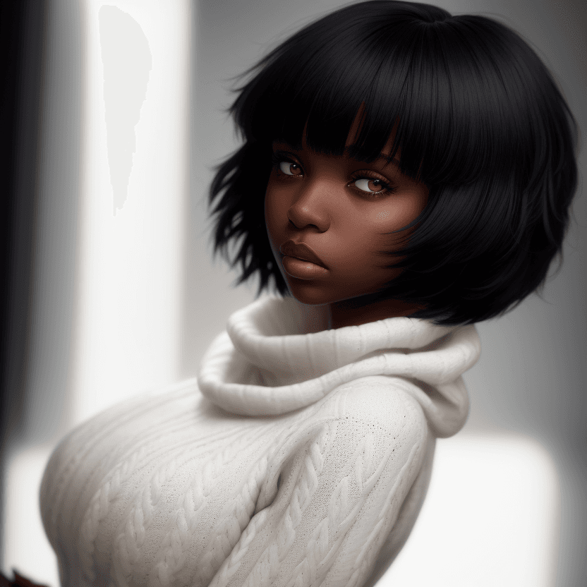 AI generated: Medium shot, side profile photo of a young black woman, with her eyes completely hidden by very long...
