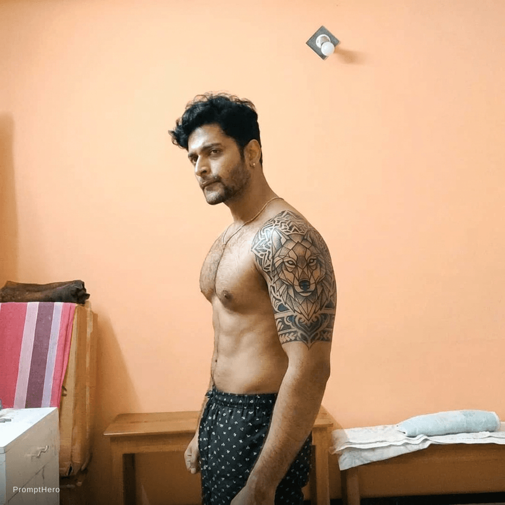AI generated: geometric wolf sleeve connecting to my existing tribal tattoo