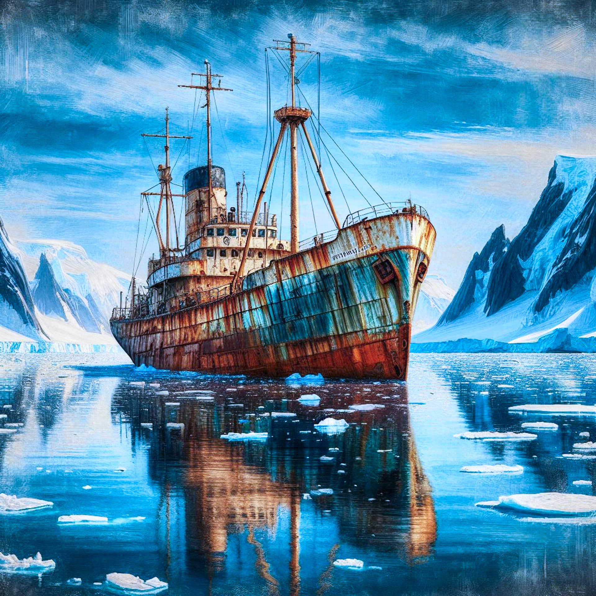 AI generated: A broken, rusted ship in the icy waters, an oil painting in the style of Michael Whelan. Detailed ba...