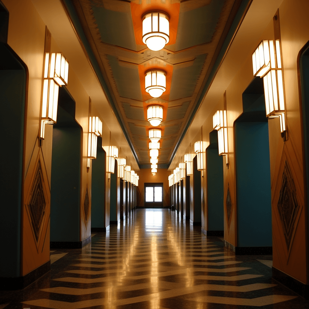 AI generated: corridor, 1930's, modern, Art Deco